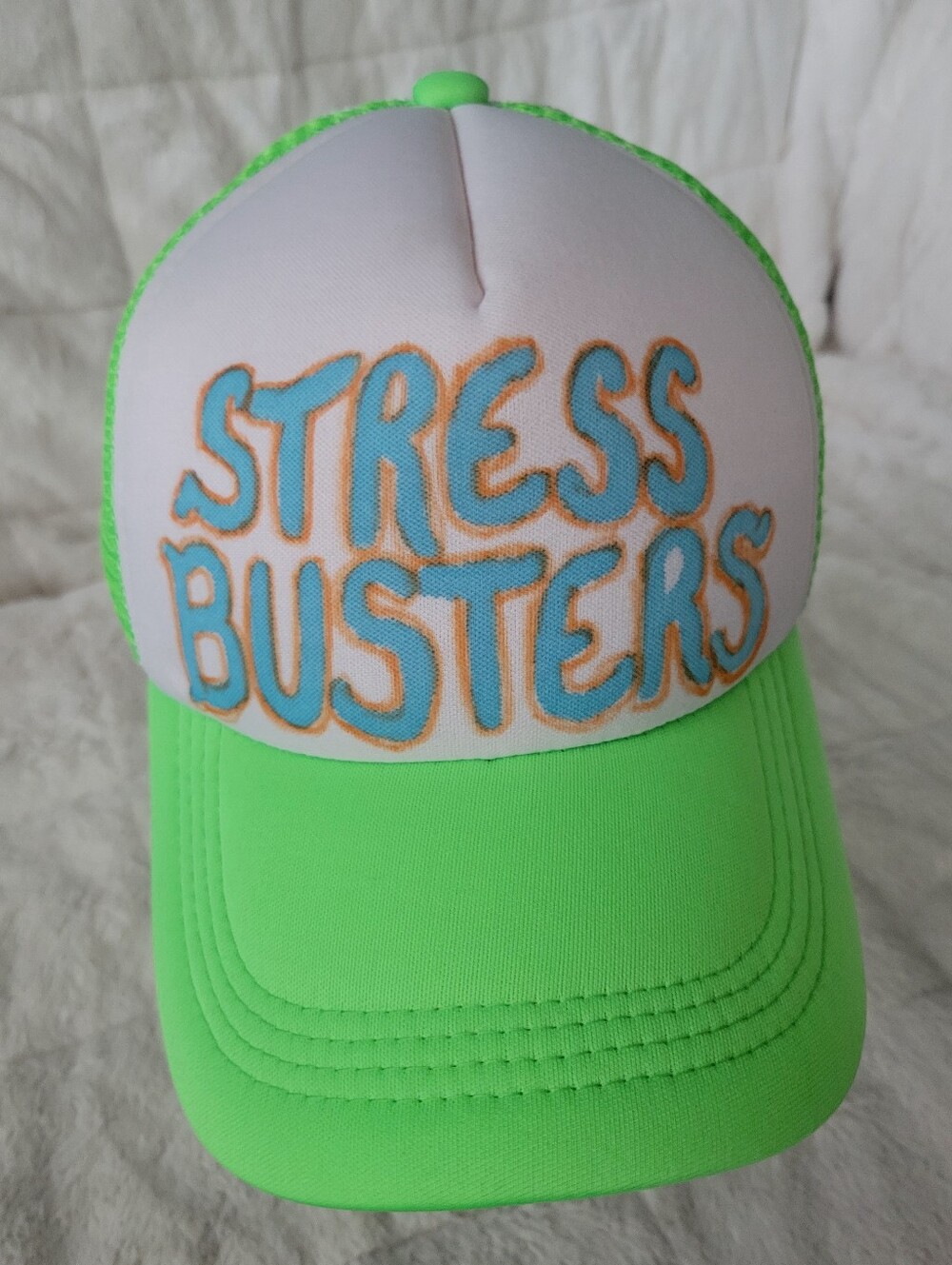 Lucky 7 USA Brand Adult  Neon Green and White 'Stress Busters' Trucker Hat